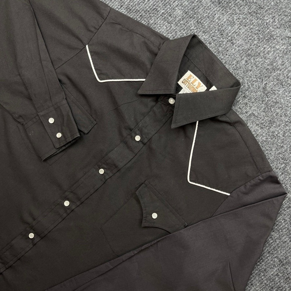 Ely Cattleman Western Shirt Black Pearl Snap White Piping Mens Large Vintage Y2K